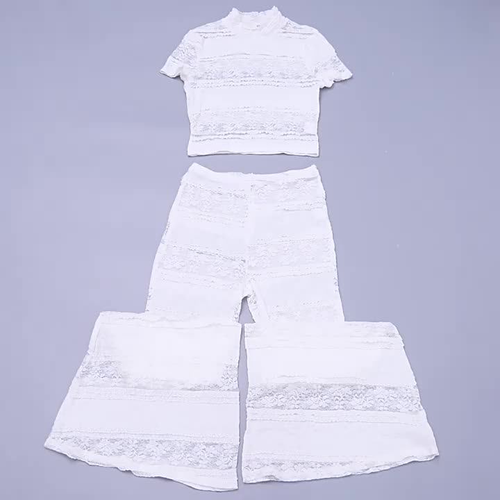 ZHEZHE Fashion All White Sexy Lace Bell Bottom Pants Set