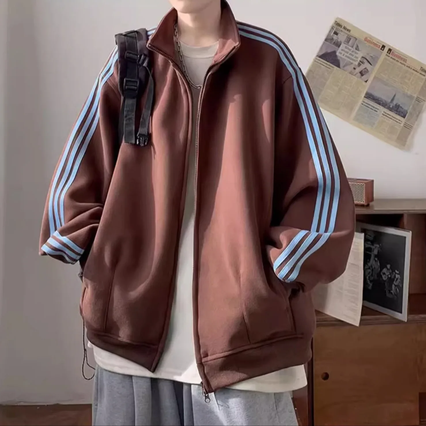 American Style Collar Striped navy blue Sweater Men's Autumn and Winter Double Zipper Cardigan Jacket oversize Sports Jacket