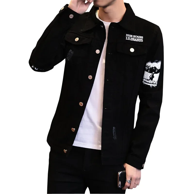 Autumn trend black denim jacket, 2018, Korean style, for teenagers, slim fit