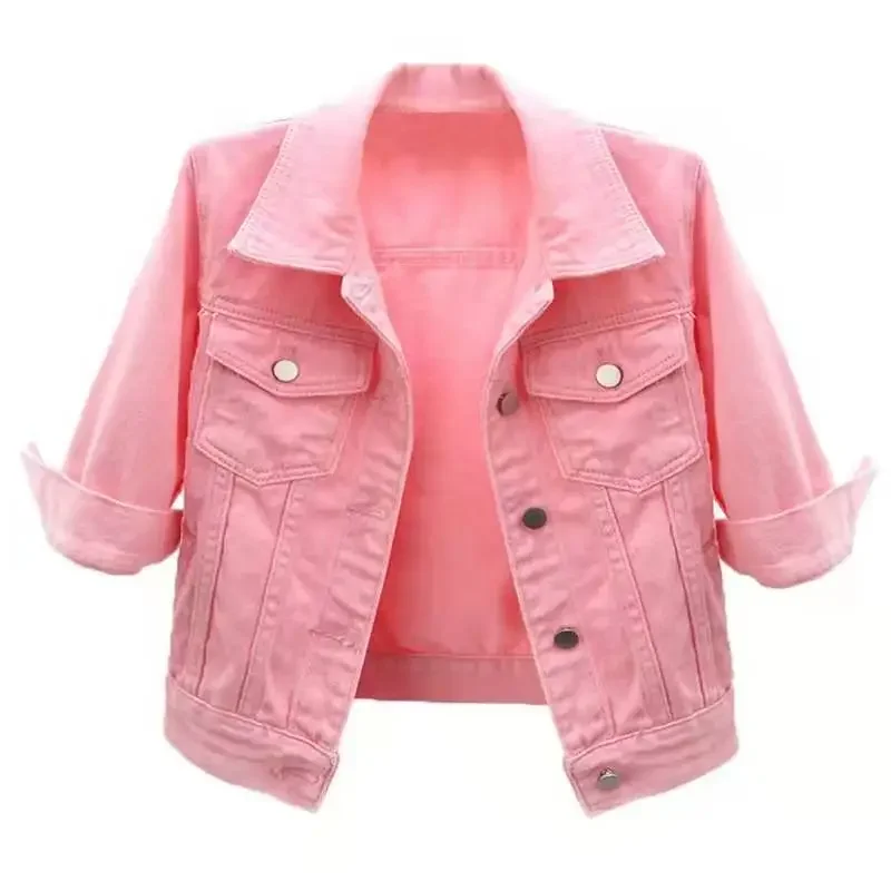 2025 New Spring and Summer Korean Style Slim-fit Color Mid-sleeve Denim Jacket Women's Short Seven-sleeve Jacket with Small Shoulder