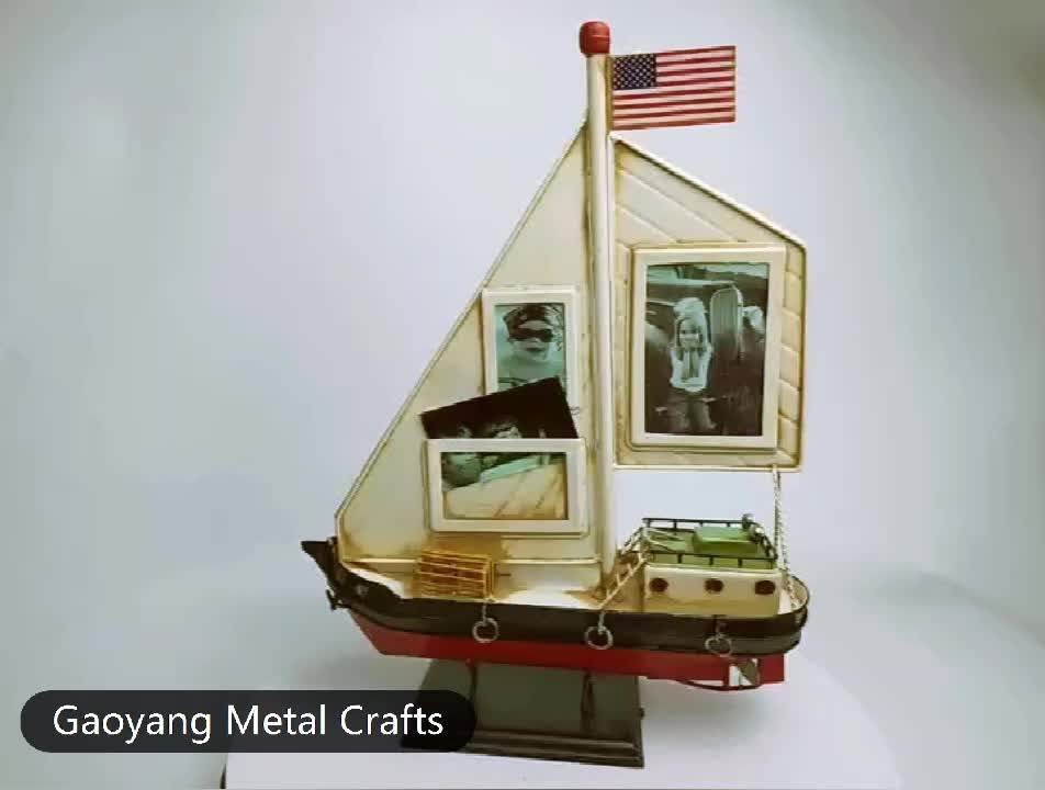 Retro Metal Model Ship Handmade Boat Figurine Sail Ship Miniature Decorative Ship Photo Frame