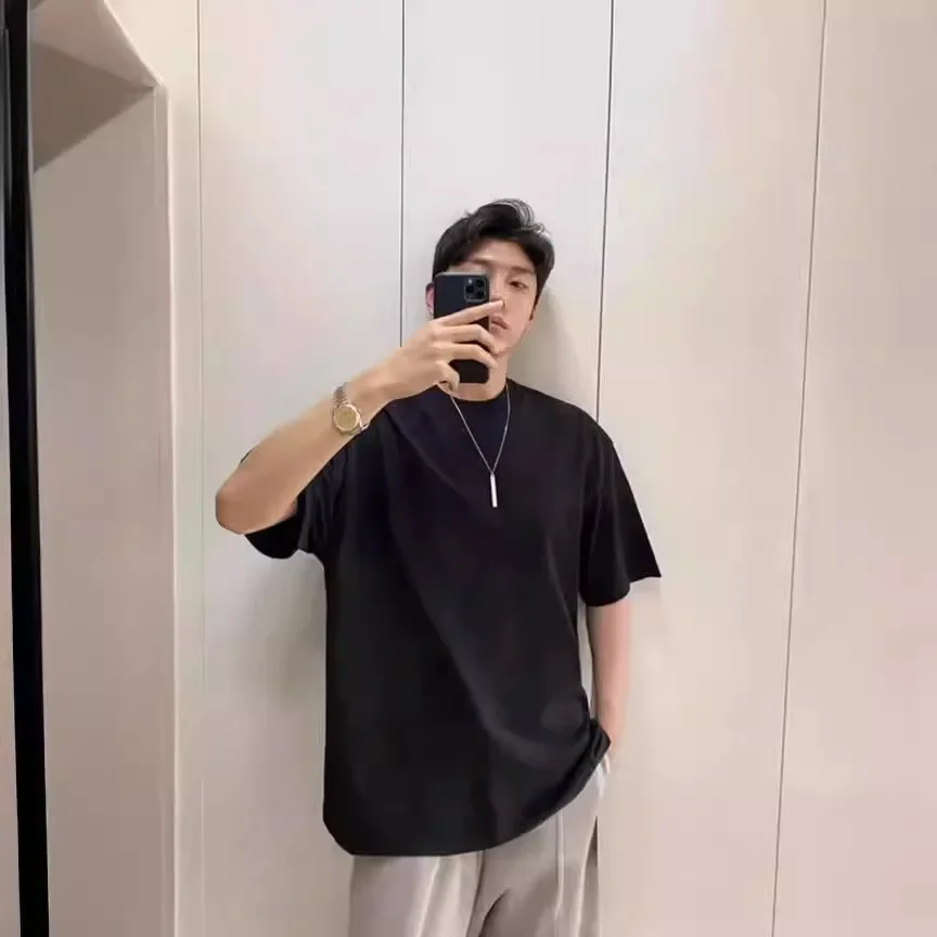 American Heavy Cotton Solid Color Short-sleeved T-shirt Men's and Women's Base Shirt White T-shirt Men's Trendy Black Top