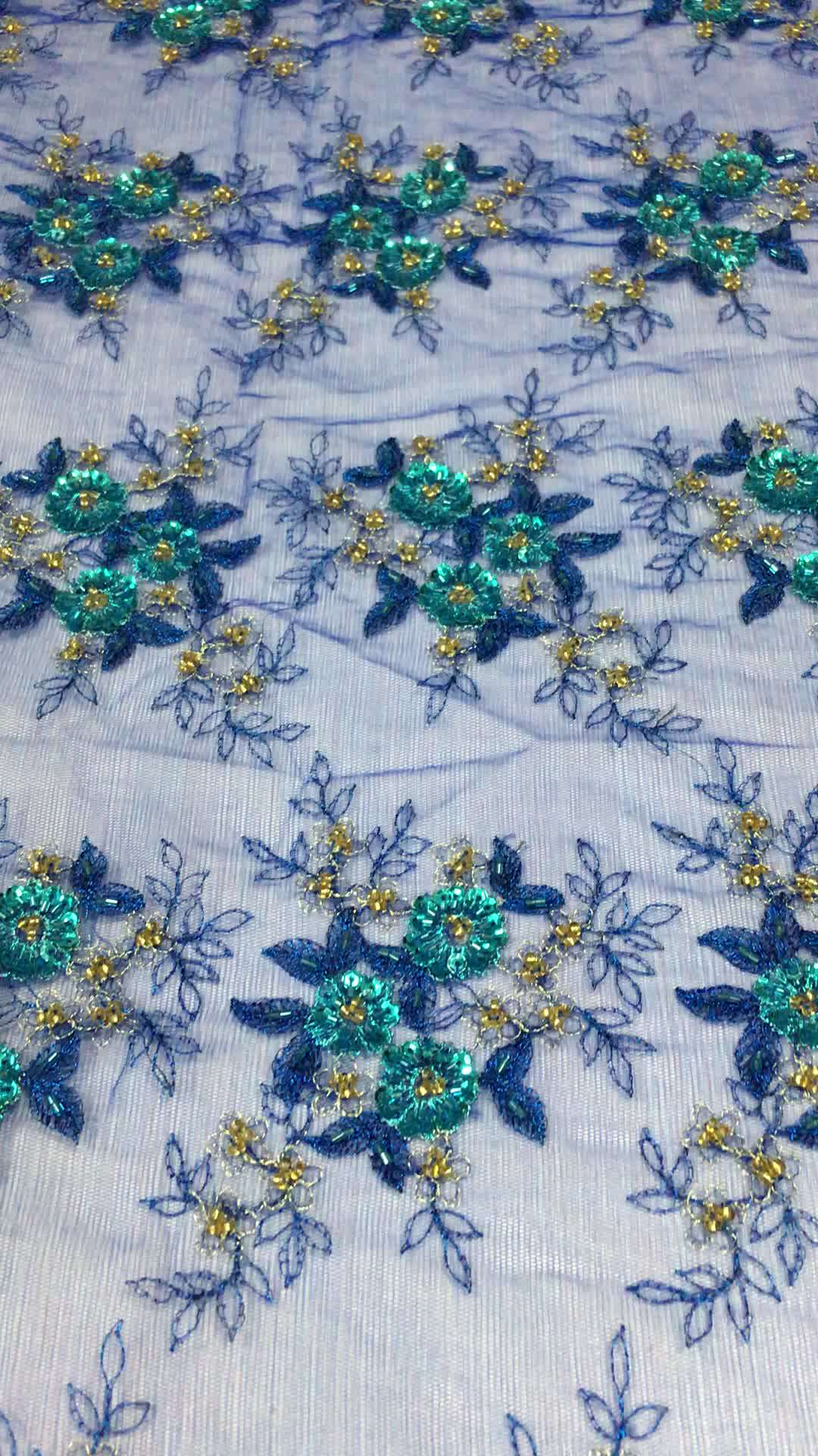 Cheap Royal Blue Embroidered Tulle Lace Fabric With Hand Embroidered