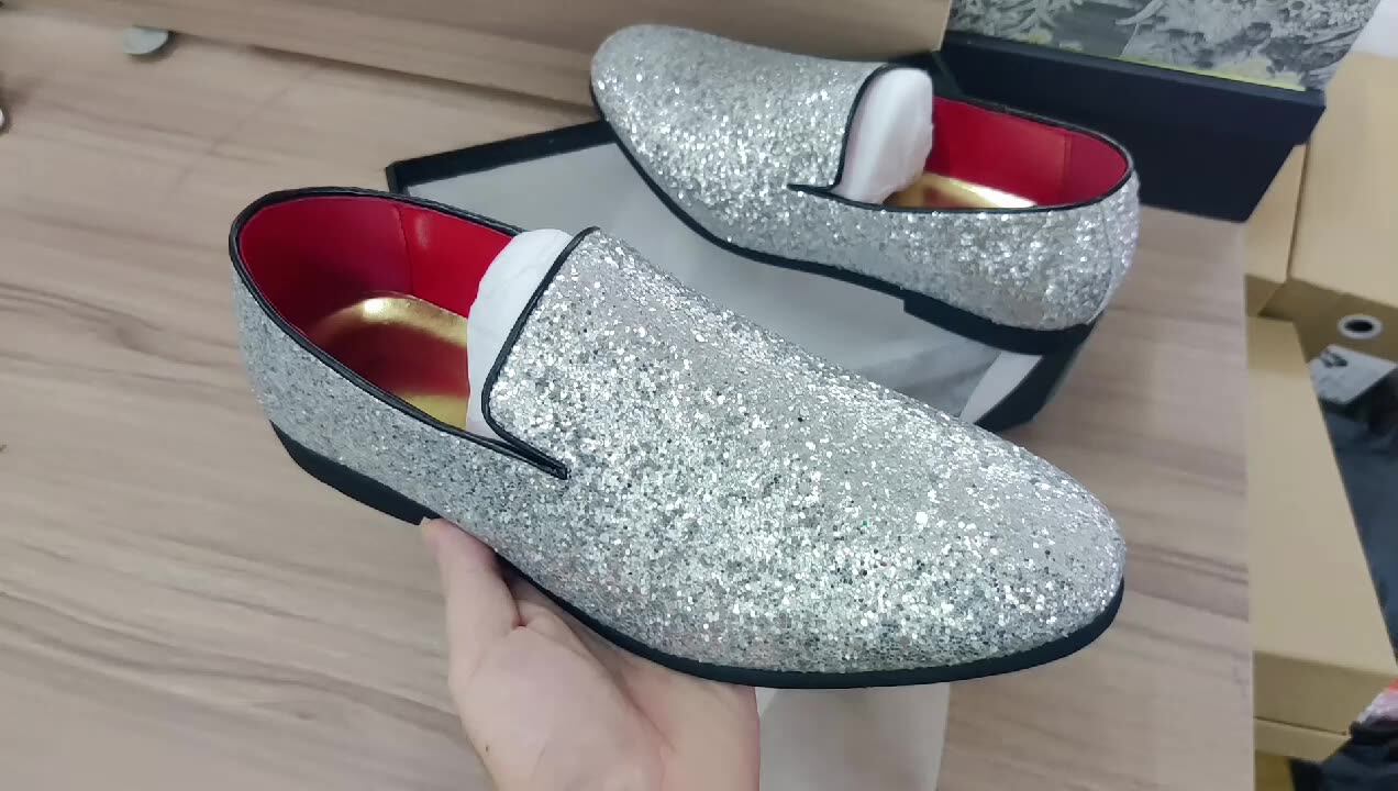 slim fit dress slacks OneDrop Men Handmade Leather Dress Shoes Silver Rhinestone Party Wedding and Prom Loafers Silver / 7 main image 1