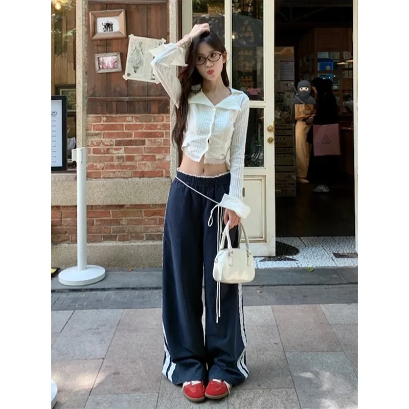 Design Sense Lace Stitching Casual Pants Women's 2024 Autumn New High Waist Slimming All-match Straight Pants