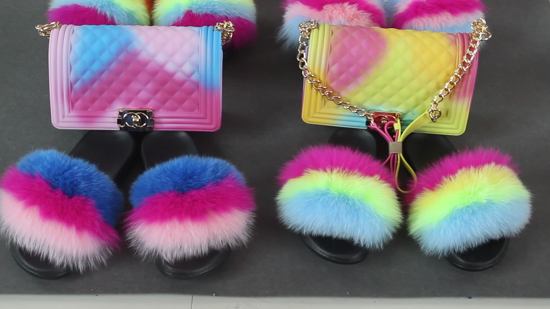 fur slides with matching purse vendor