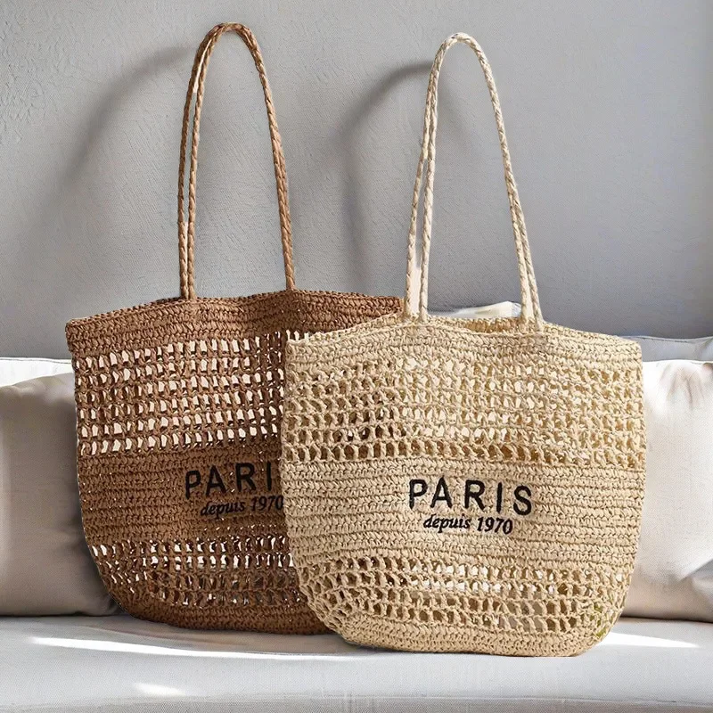 New Letter Embroidered Straw Bag Hollow Handmade Woven Bag Large Capacity Tote Bag Holiday Beach Bag Shoulder Bag