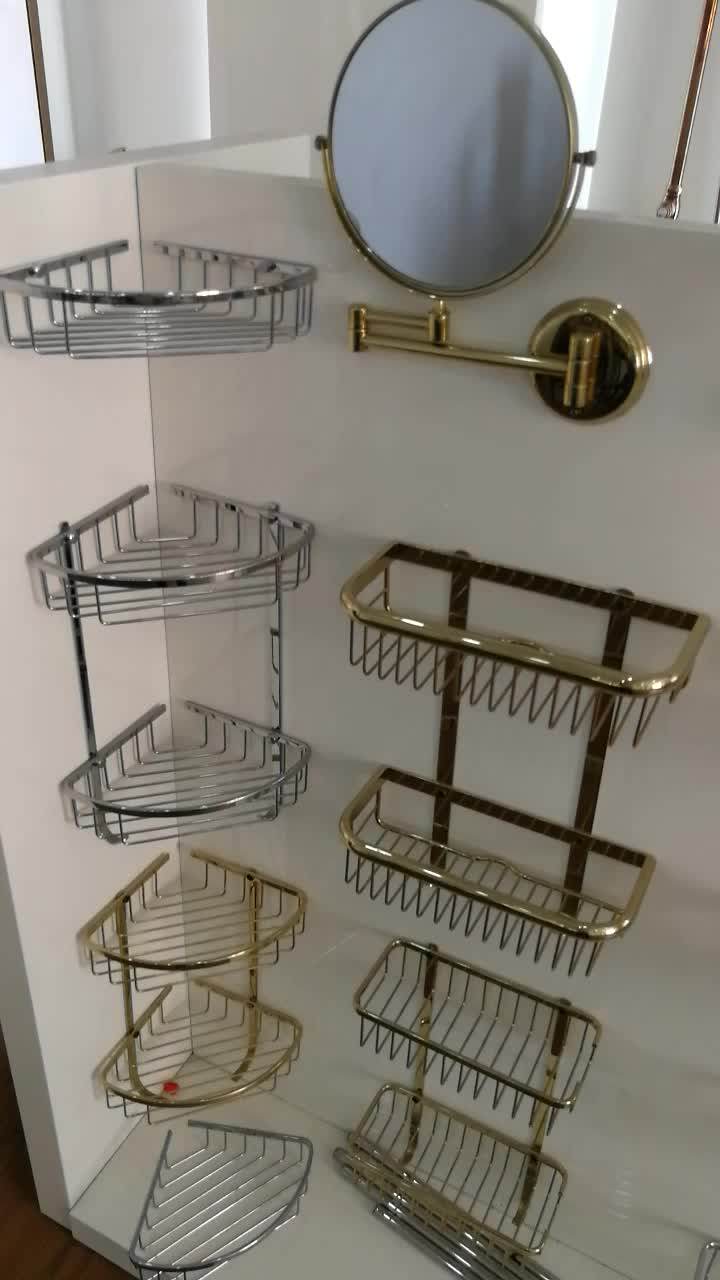 Wall Mounted Brass Wire Basket Bathroom Corner Shelf Bath Shampoo