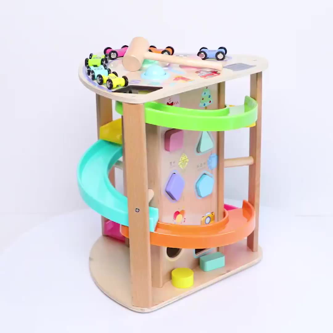 Gallickan Toddler Wooden Race Track Car Ramp Toys For 1 2 Year Old Baby Motor Skills Tracks Vehicle Playsets 4 Mini Cars Garage