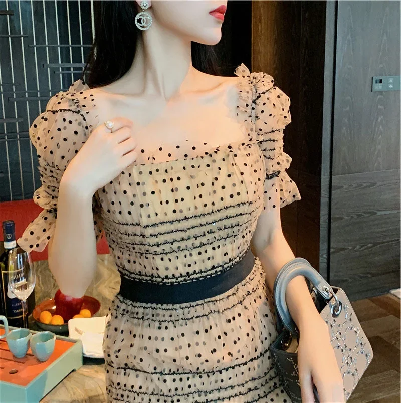 Đầm suông nữ midi họa tiết chấm bi phong cách Pháp — Chấm bi (mẫu ngắn) chi tiết 8