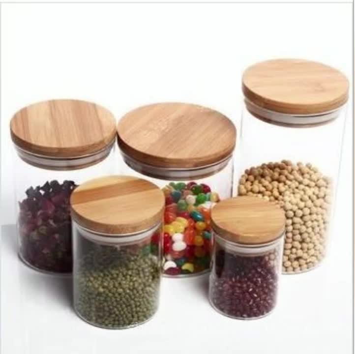 Wholesale Airtight Empty Borosilicate Glass Jars Pantry Storage Food Glass Jar Wooden Lid In