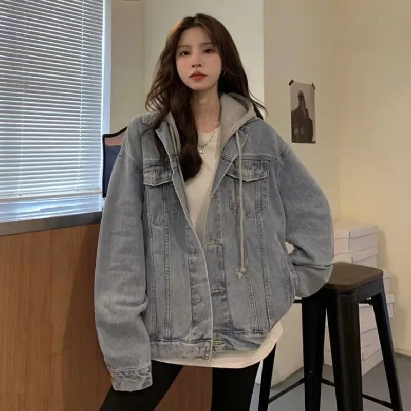 Photographed Spring and Autumn 2025 New Korean Style Loose and Versatile Splicing Light Color Double Layer Hooded Denim Jacket for Women