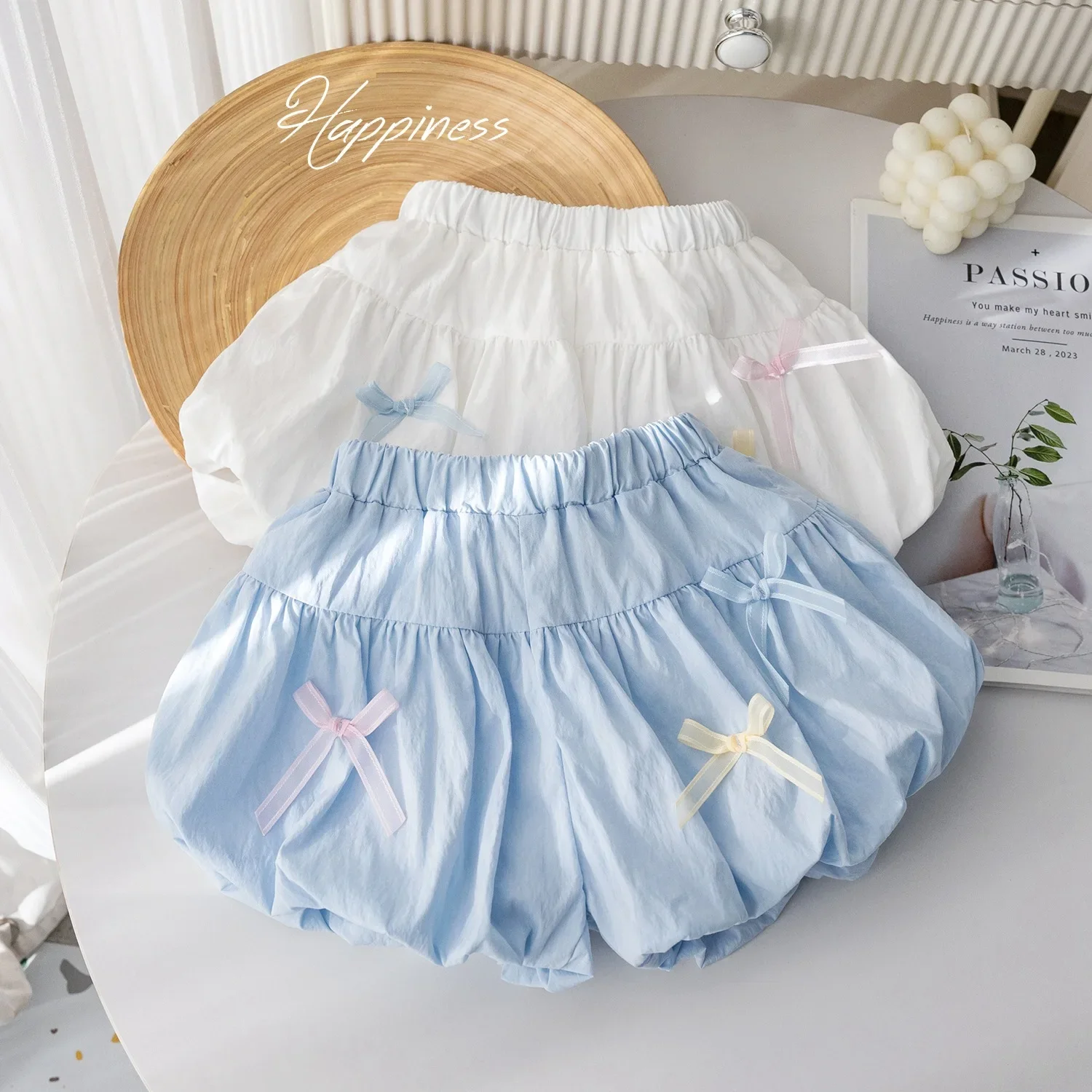 Girls summer shorts Korean style fresh solid color bow bud pants girls summer sweet versatile hot pants trendy