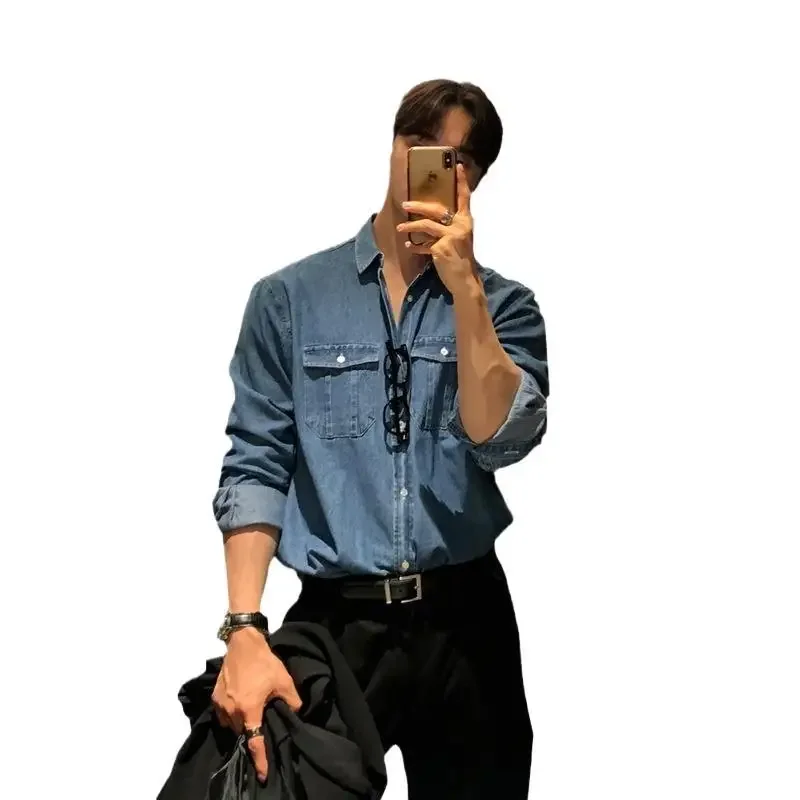  retro denim autumn blue shirt, Korean style