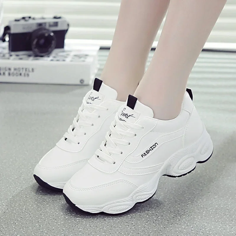 Women's Sports Shoes 2025 New Spring and Autumn White Leather Shoes Thick Sole Board Shoes Versatile Casual Dad's Shoes Ah Gung Shoes