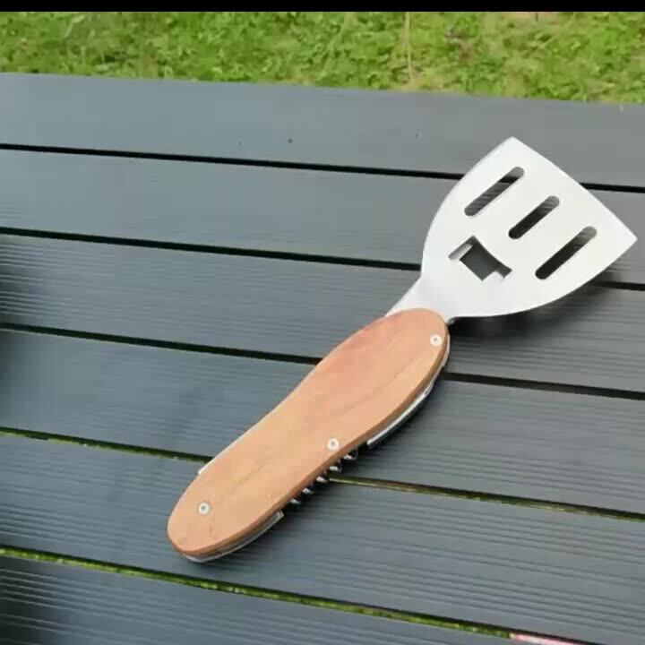 Stainless Steel 5 In 1 Multifunction Bbq Tool Wooden Handle Portable