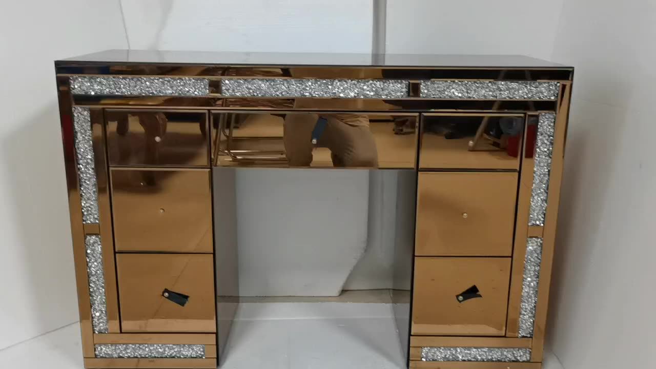 Full Glass Set Hollywood Makeup Mirrored Vanity Table With Mirrored