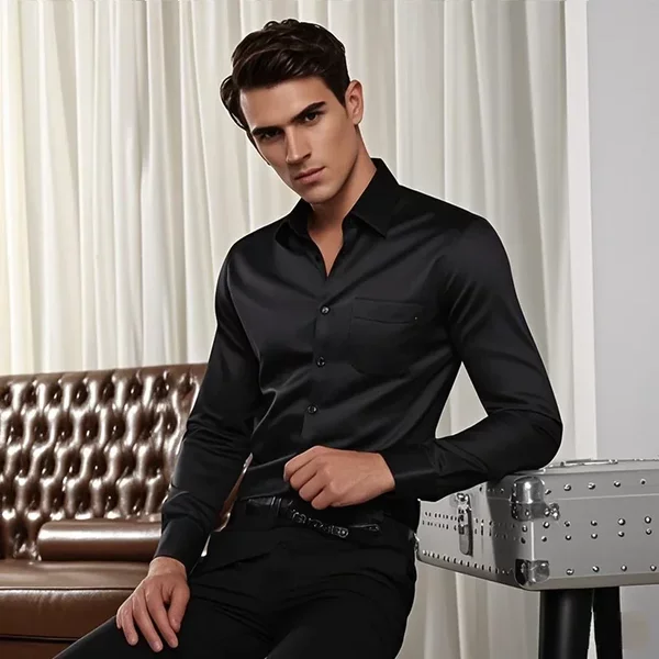 Amazon's Popular Long-Sleeved Shirt for Men, Elastic European and American Size, Solid Color Spring Style Shirt, Business Casual Men's Top