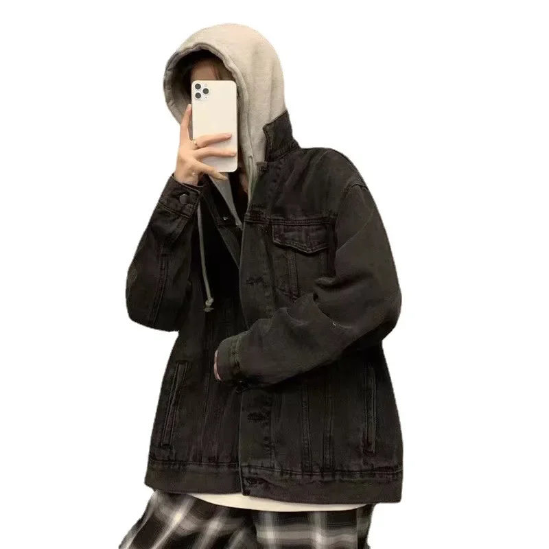 Photographed Spring and Autumn 2025 New Korean Style Loose and Versatile Splicing Light Color Double Layer Hooded Denim Jacket for Women