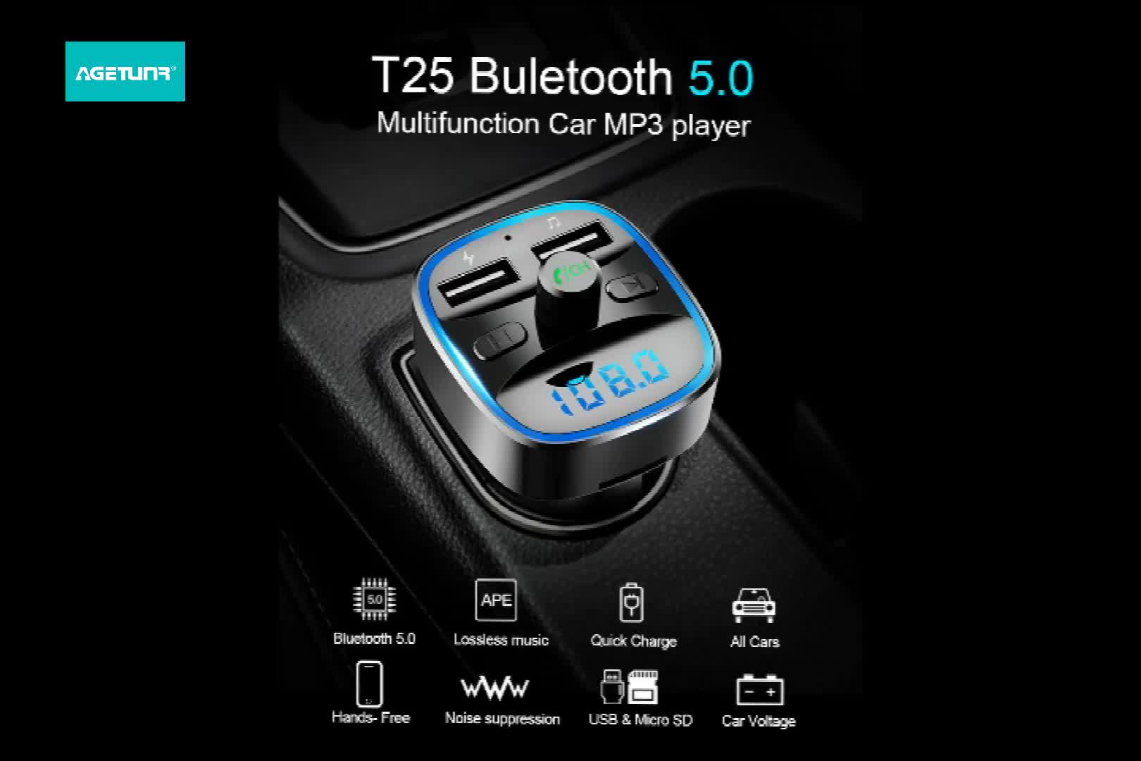 Agetunr T25 Bluetooth 5.0 Car Fm Transmitter Microsd Card/udisk Charger 2.4a Car Stereo Mp3