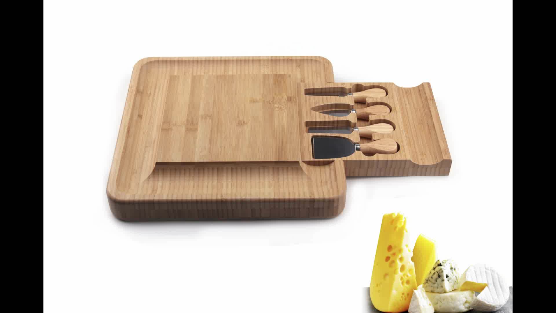 Bamboo Cheese Board With Knife Set,Cheese Tray Charcuterie Board Set
