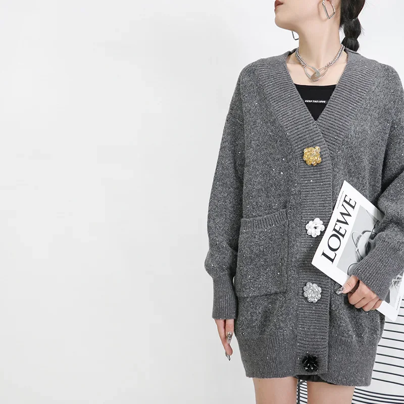 Pin, knitted cardigan, sweater, demi-season thermal underwear, long jacket, plus size, mid-length