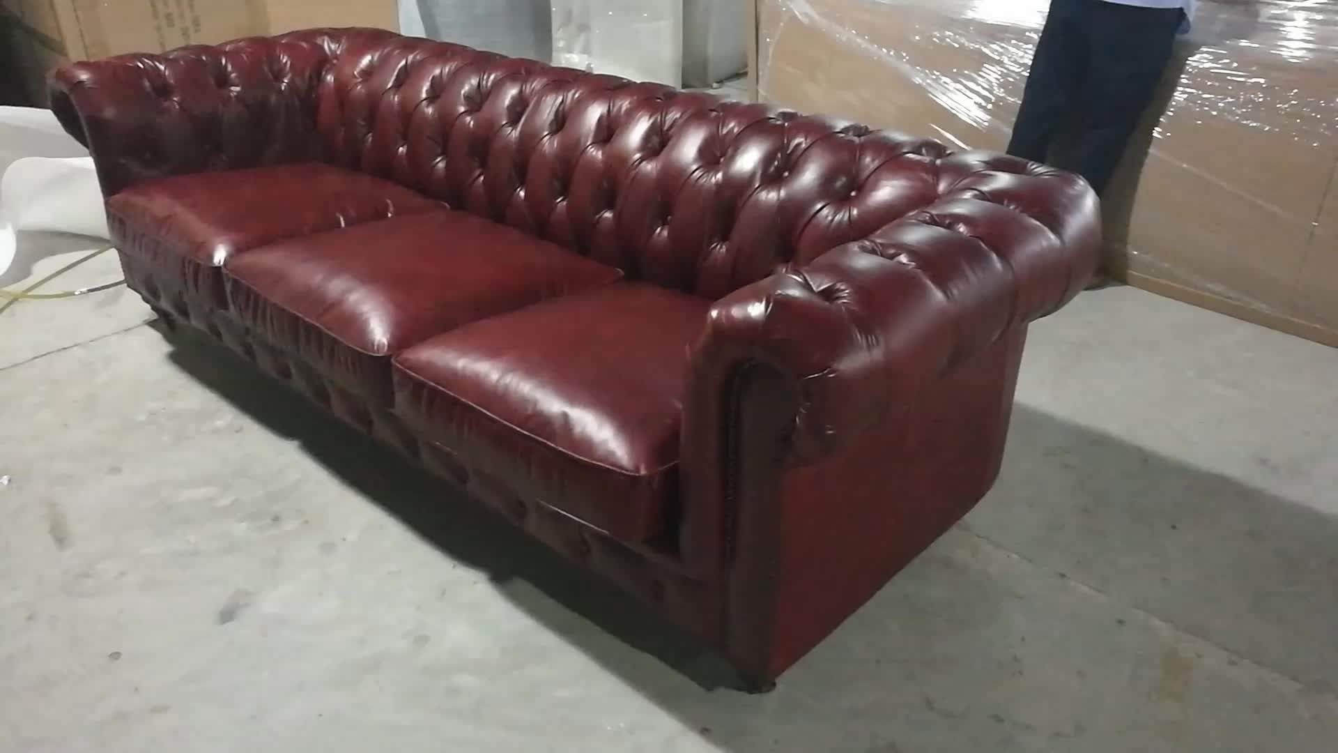 Tufted Vintage Genuine Leather Chesterfield Sofa With Chrome Casters Button Back Vintage Brown