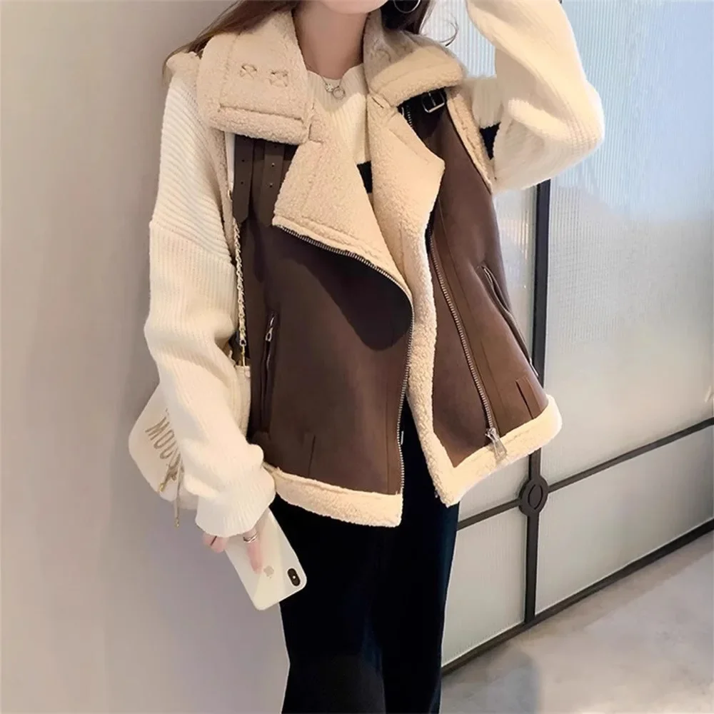 Autumn and Winter New Korean Style Design Lapel Lamb Plush Fur Stitching One-piece Vest Jacket Women's European and American High Style