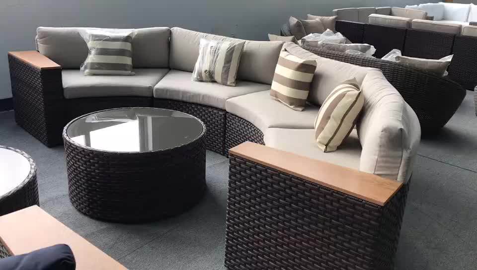 5 Piece Half Moon Brown Rattan Outdoor Couch Curved Patio Furniture