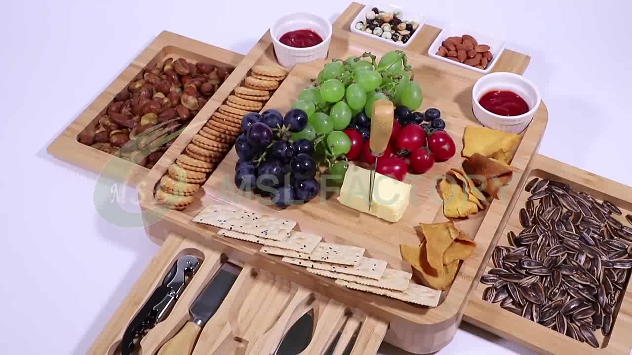 Organic Bamboo Charcuterie Cheese Platter Board And Knife Set With 4
