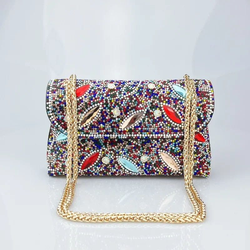 Cross-border new high-end feeling big brick and stone socialite rhinestone underarm hand bag diamond colored diamond chain cheongsam shiny