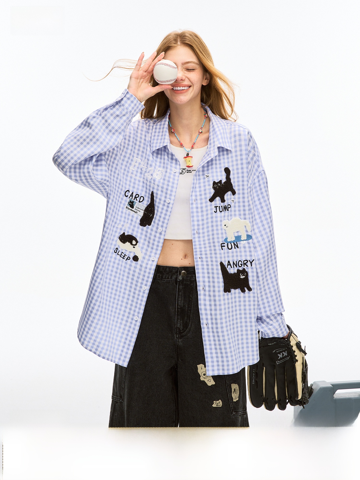 【F426官方店】国潮牌夏季新款宽松休闲百搭毛巾绣小猫格子衬衫