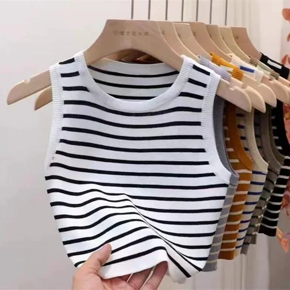 Striped Camisole Women's Summer Outer Wear Sleeveless Inner T-Shirt Ice Silk Top Spring Short Knitted Base Shirt