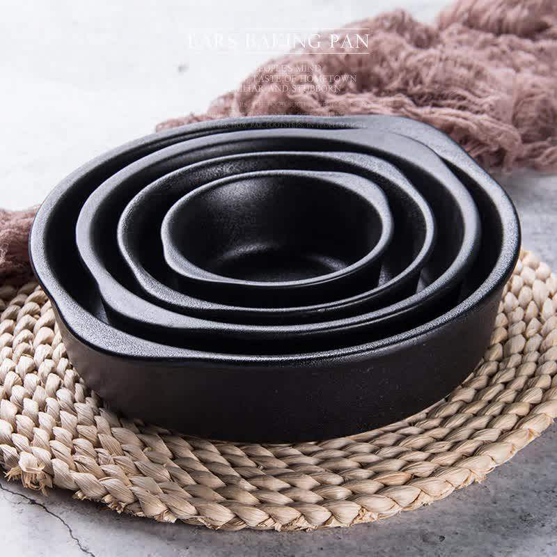 4 Sizes Black Porcelain Safe Bread Cake Dessert Dish With Handles Round