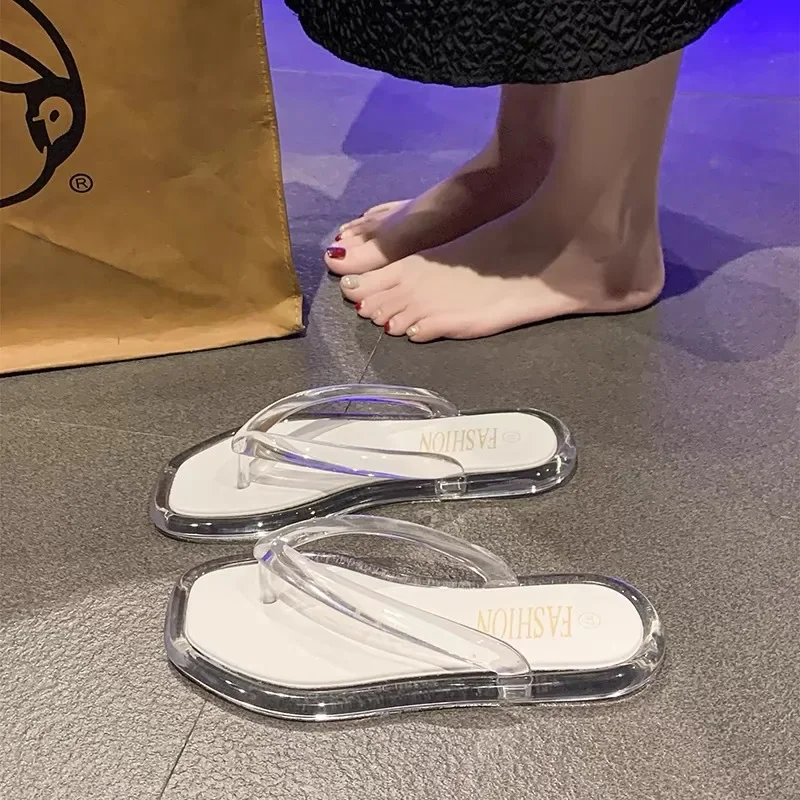 Cross-Border Summer New Fashion Crystal Flip-Flops for Women, Korean Style Ins Versatile Thong Flat Beach Sandals Wholesale
