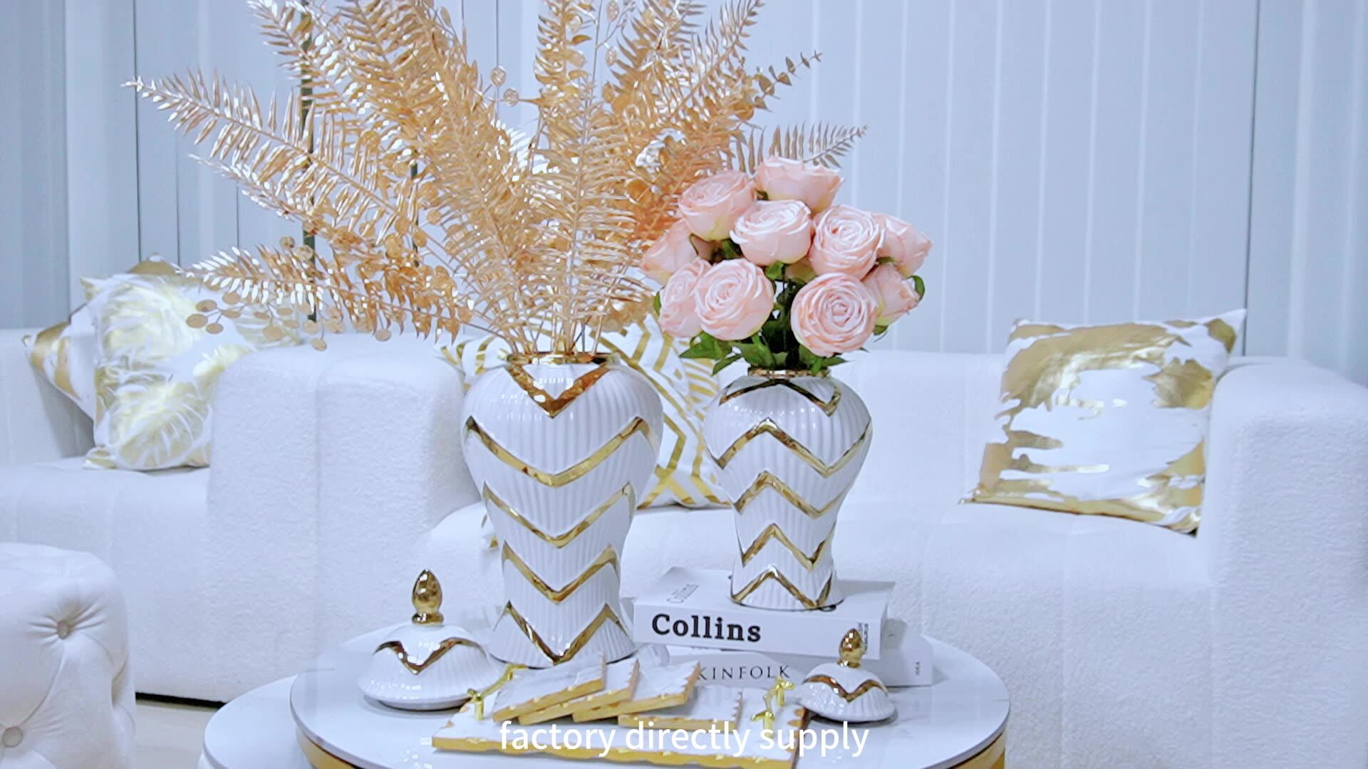 Wholesale Ceramic Vase Big Floor Vase Gold And White Striped Ginger Jar