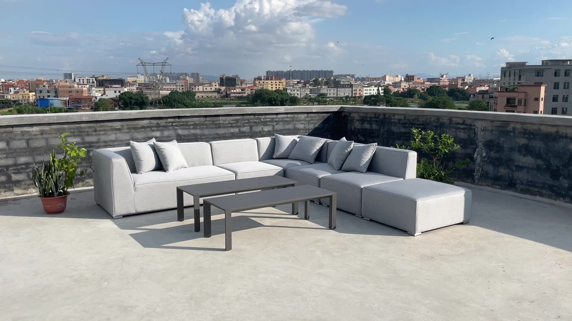 Luxury Outdoor Furniture L Shape Sofa Teak Base Waterproof Fabric