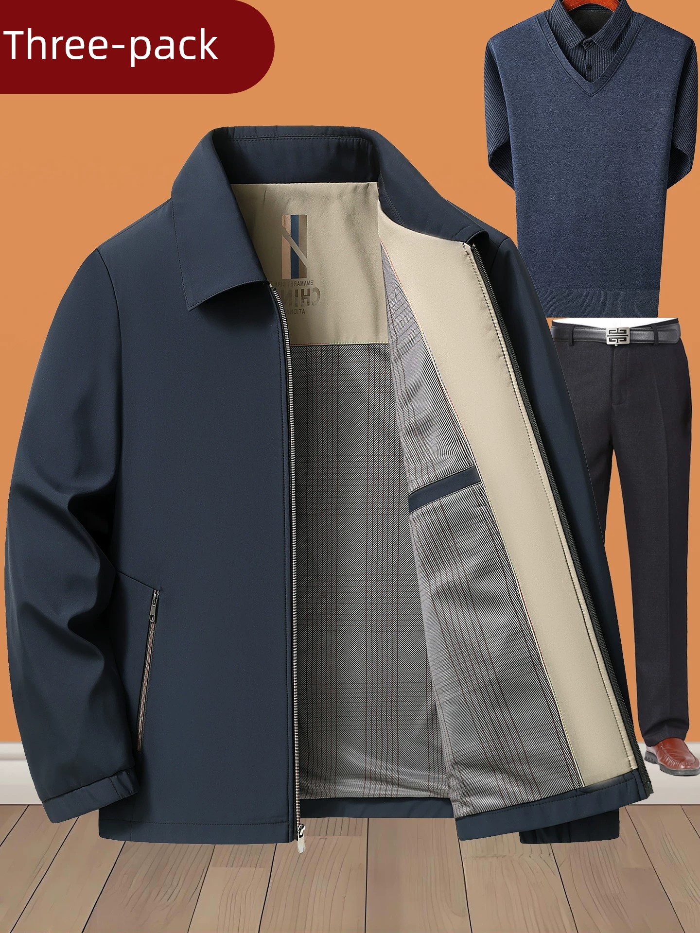 Dad's Spring Outerwear Suit for Middle-Aged Men, 50 Years Old, Fleece-Lined and Thickened, 60-Year-Old Middle-Aged and Elderly Grandpa's Autumn and Winter Lapel Jacket