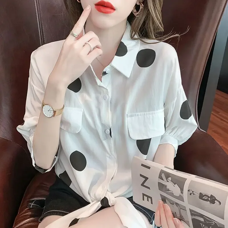 Women's Large Print Polka Dot Chiffon Shirt with Open Jacket for  Summer New Sun Protection Top with Air Conditioning Shirt, Paired with Skirt and Small Shawl