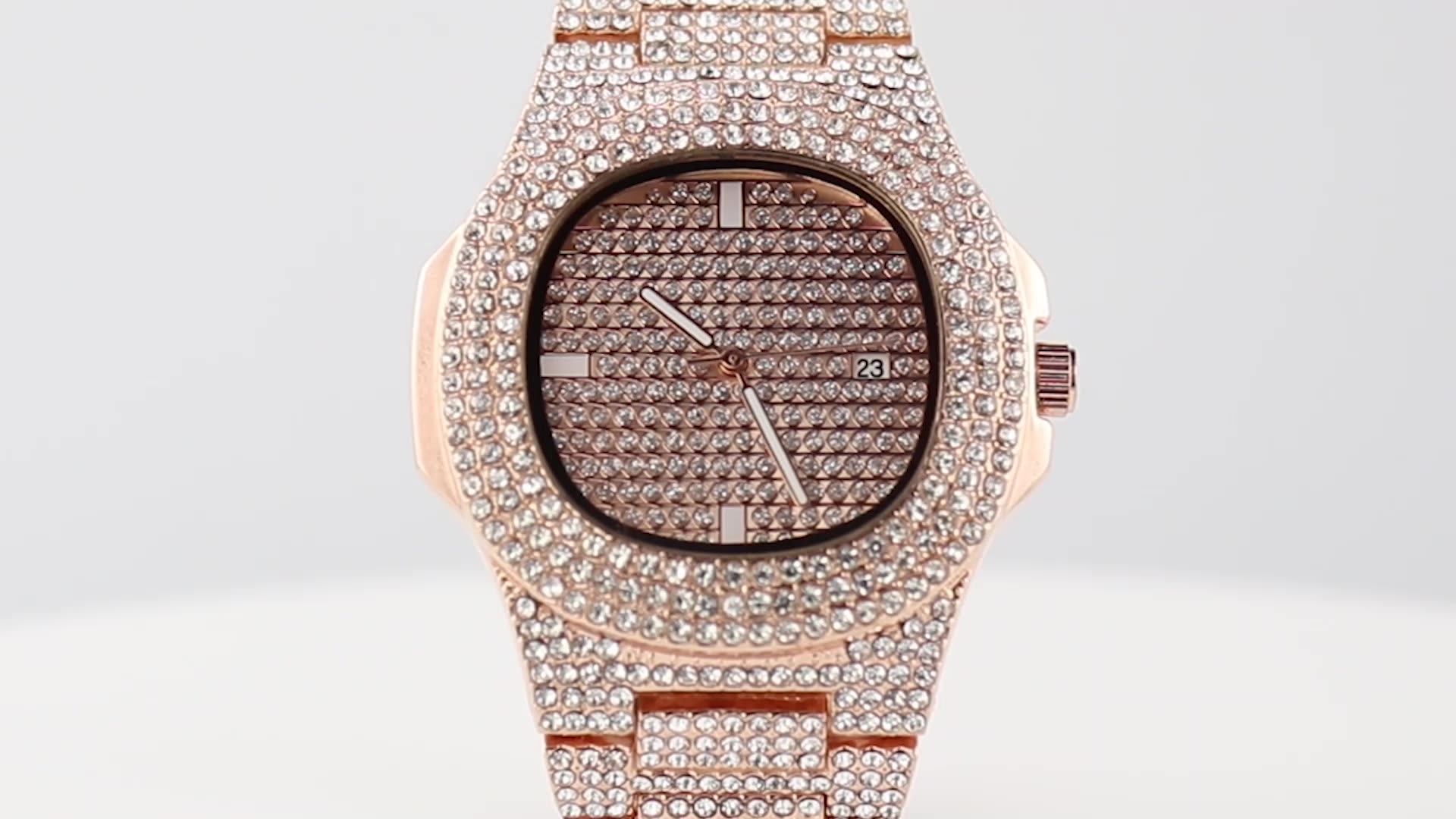 High End Gold Watches In Dubai Custom Logo Waterproof Quartz Bling