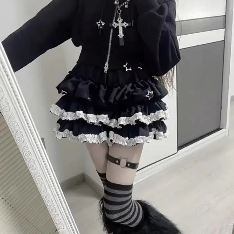 New lace black half skirt punk style women's summer petite subculture ballon cake short skirt