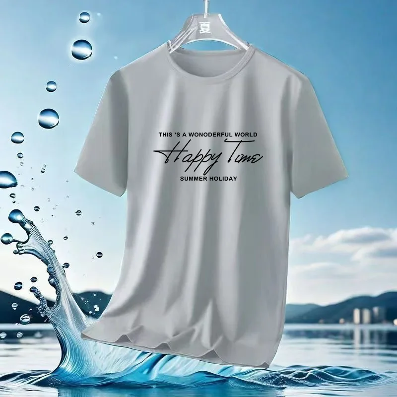 2024 Summer Mesh Ice Silk T-shirt All-match Printed Thin Round Neck Quick-drying Short-sleeved T-shirt Men's Sports Style