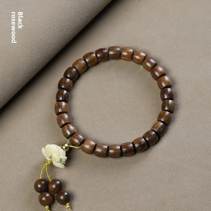 Black Flower Pear Straight Cut Beads Single Circle Buddha Rosary Bracelet Wooden DIY Ethnic Movement Beads Men's and Women's Cultural Play Bracelet