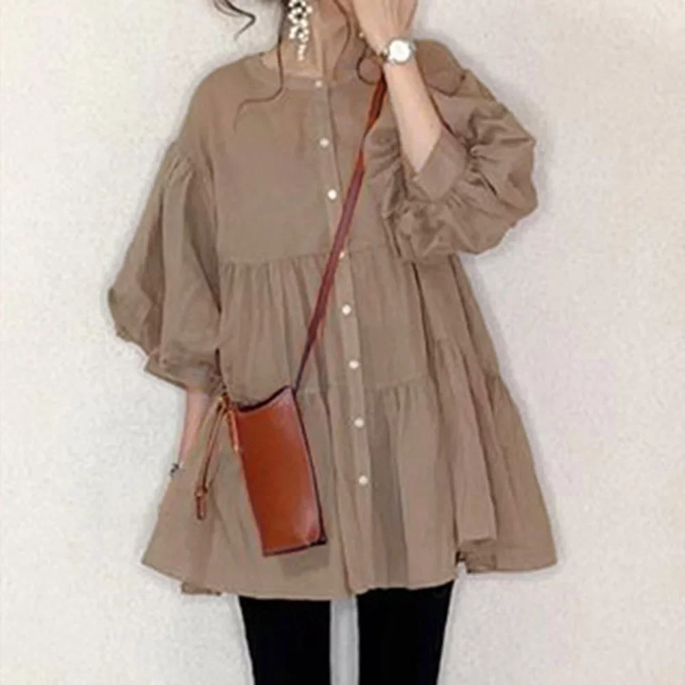 Japanese long solid color shirt with a round collar
