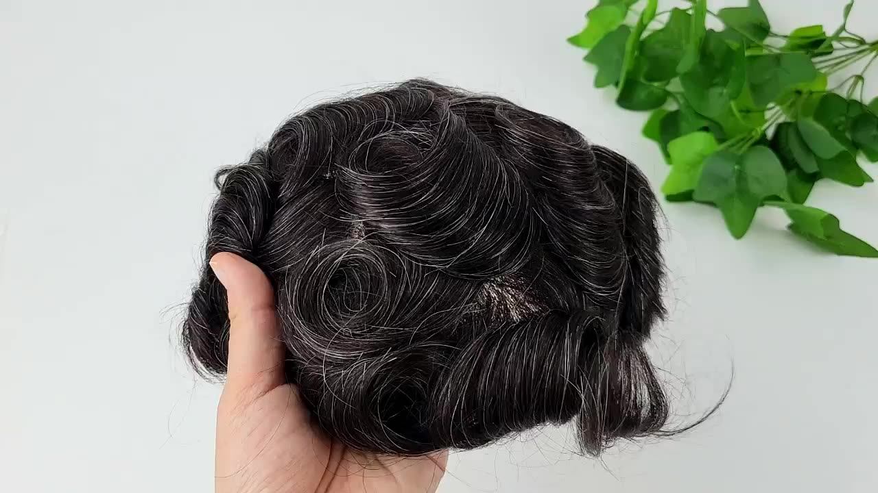 P2-3-8 100% Real Indian Human Hair Toupee 1B20 Grey Color
