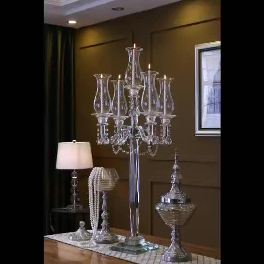 Wholesale Square Base Nice Home Goods Glass Candle Holder 5 Arms