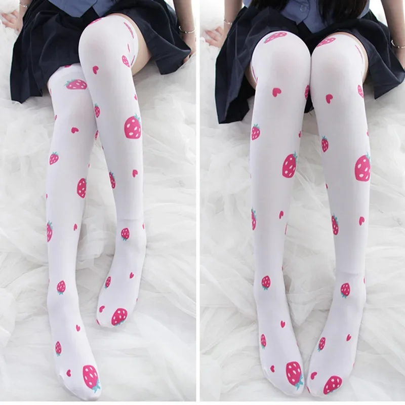 Printed Silk Stockings Thin Women's Spring and Autumn Japanese Style Lolita Cute Animation Over-the-Knee Long White Velvet Socks