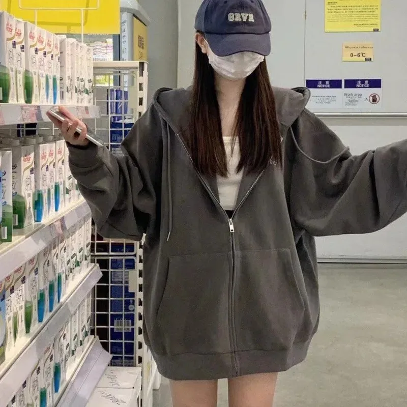 2024 Sweatshirt Coat Women's Spring and Autumn Outer Wear oversize Loose Lazy Style Printed Hooded