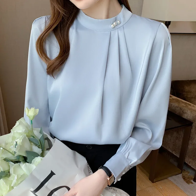醋酸緞面襯衫女長袖洋氣釘珠打底衫2025春裝設計感小眾雪紡衫襯衣