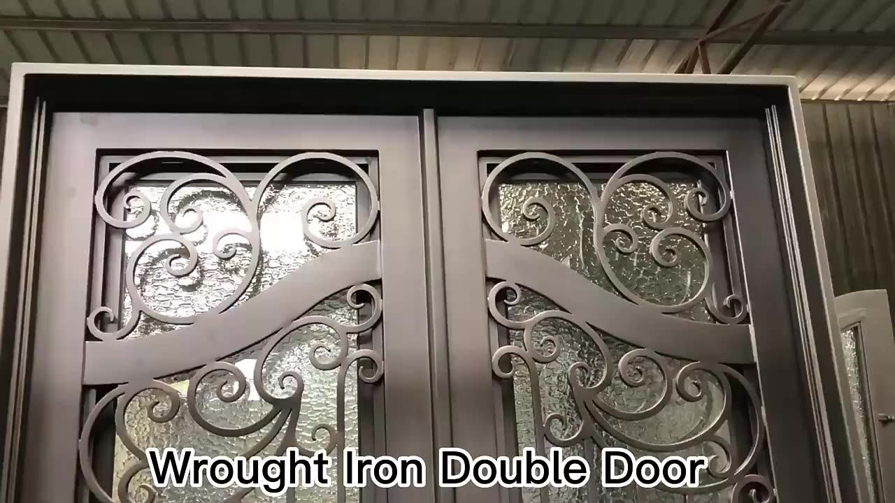 Modern Exterior Metal Double Door Design Luxury French Black Wrought Iron Storm Security Front